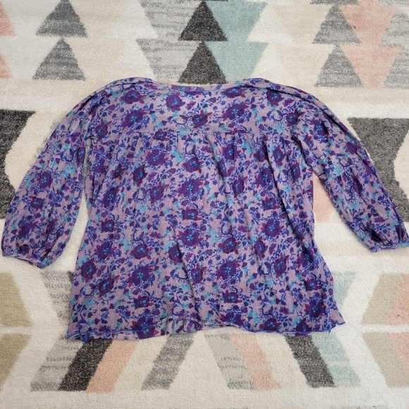 Free People Peasant Top Purple Floral Print Embroidered Neckline Knit - Picture 6 of 6